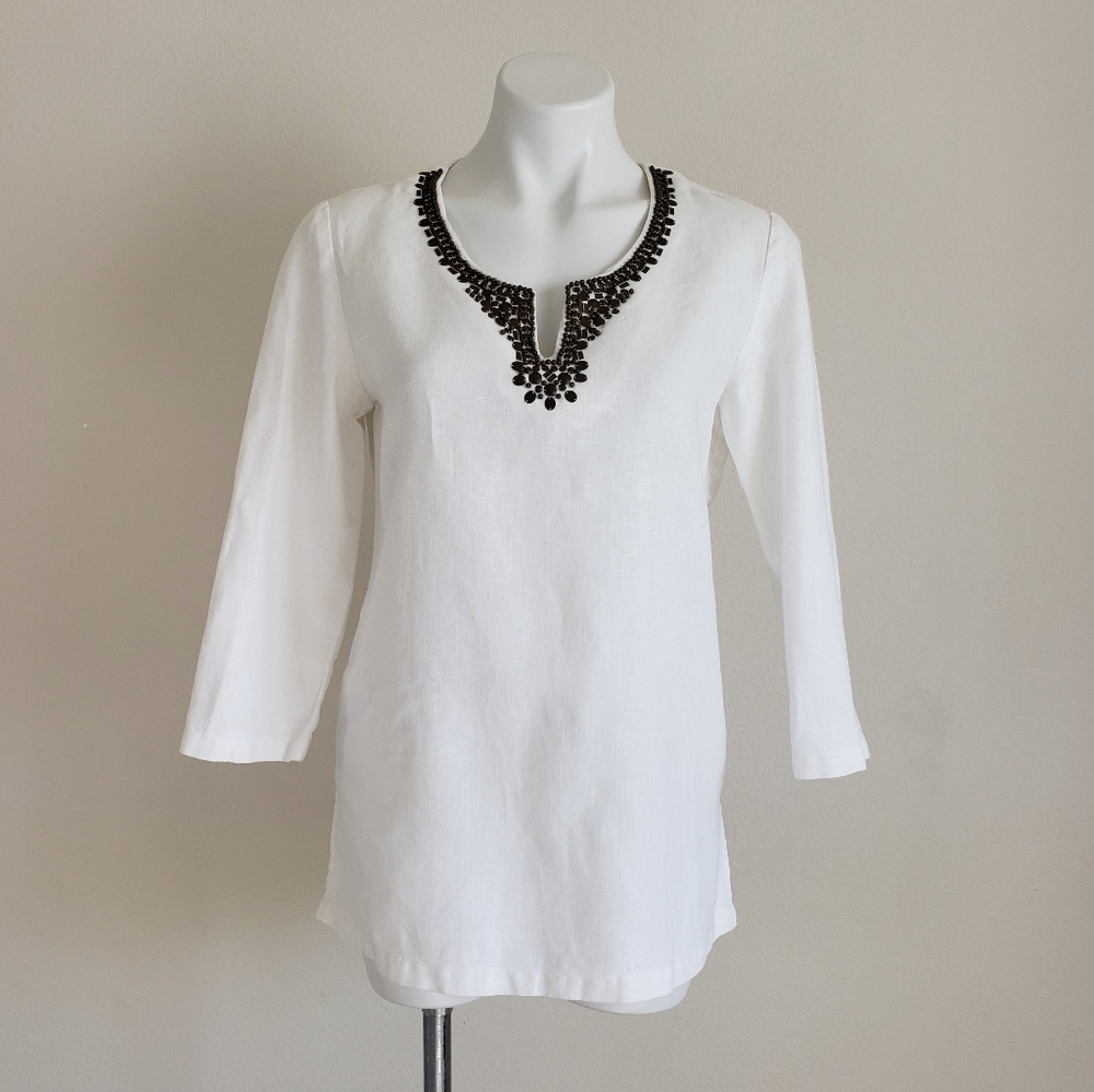 MICHAEL Kors 100% Linen Beaded Cream Tunic Top